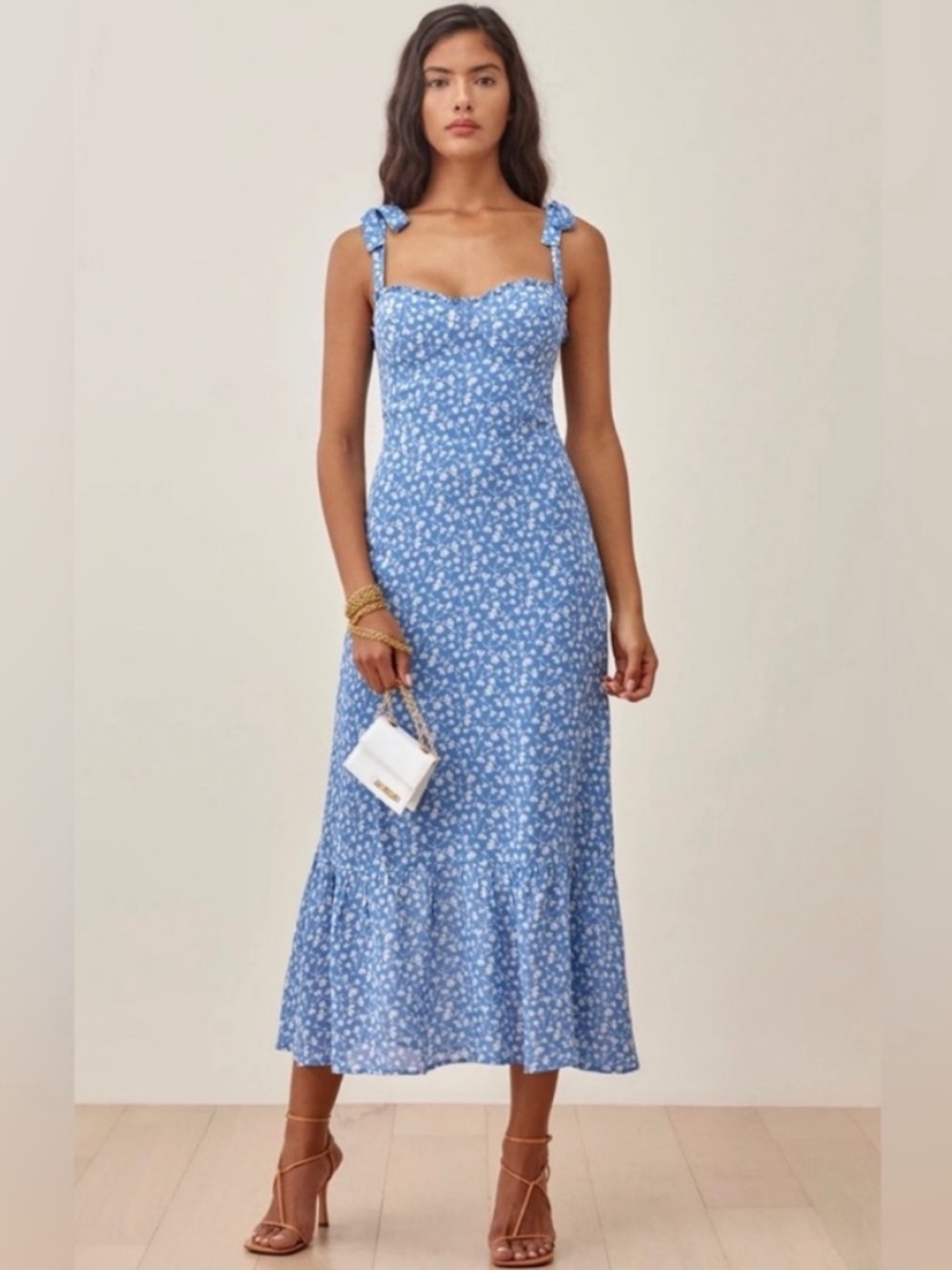 Reformation Nikita Blue Floral Tie-Shoulder Midi Dress